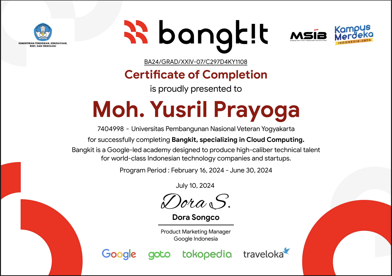 Certificate — Bangkit Academy 2024 — Cloud Computing Learning Path