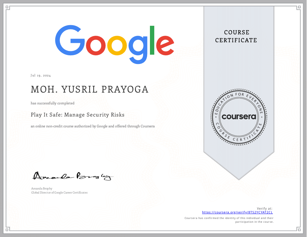 Certificate — Play It Safe: Manage Security Risks