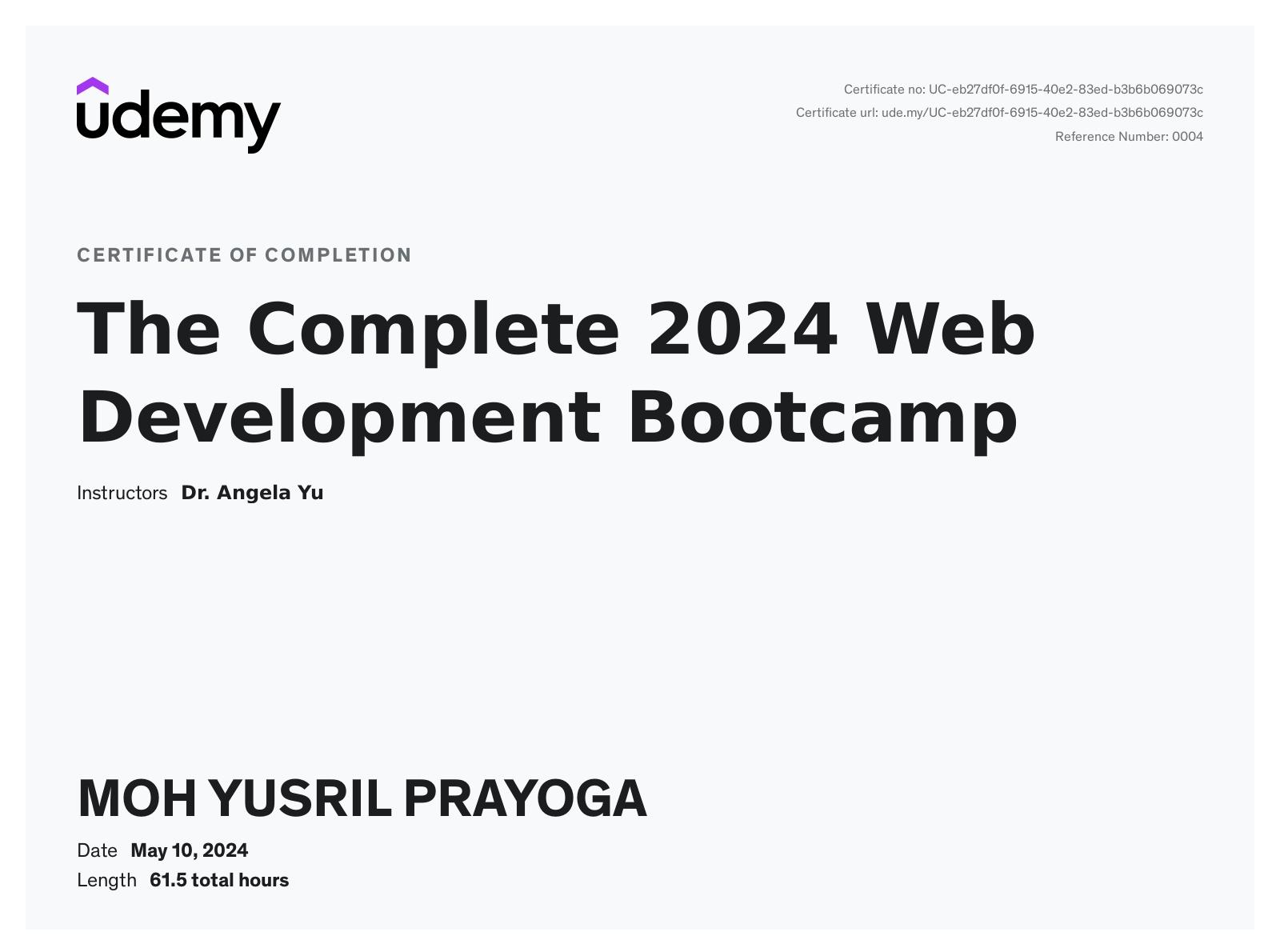 Certificate — The Complete 2024 Web Development Bootcamp